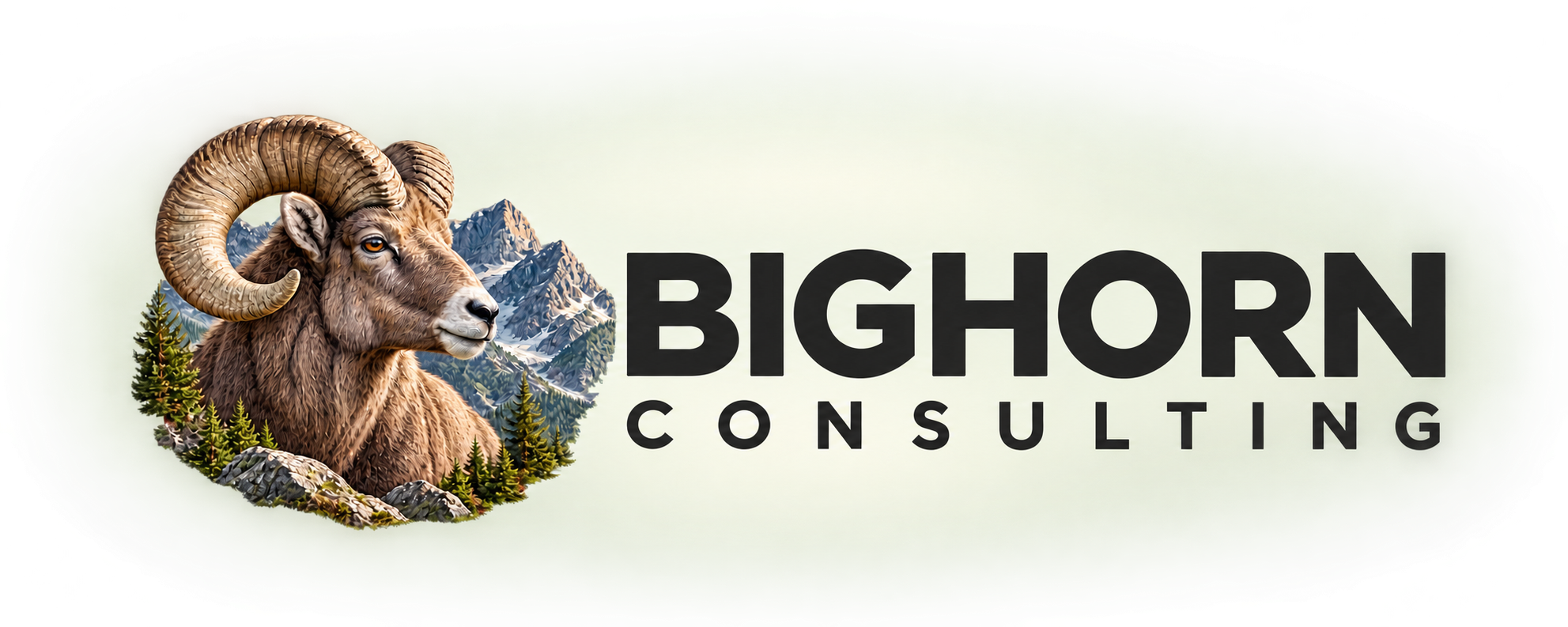 Bighorn Consulting — a bighorn ram and mountains over a soft pale sage wash